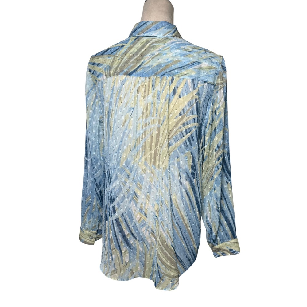 Chico's Abstract Palm Print Clip Dot Metallic Blouse Blue Green Size 1 Medium - Picture 2 of 12